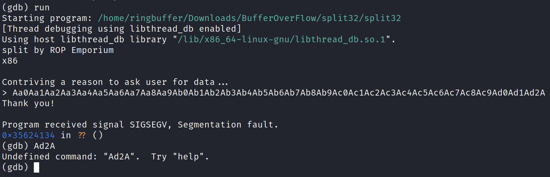 Debugging the binary for buffer overflow attacks