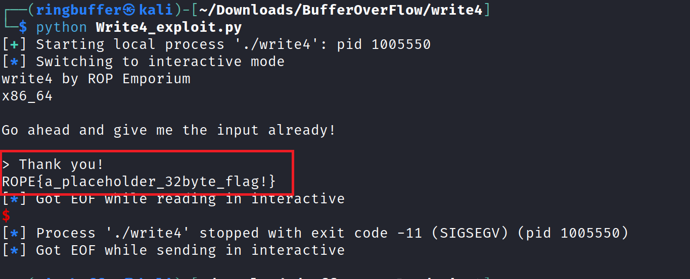 write4 - Exploit executed successfully and flag captured